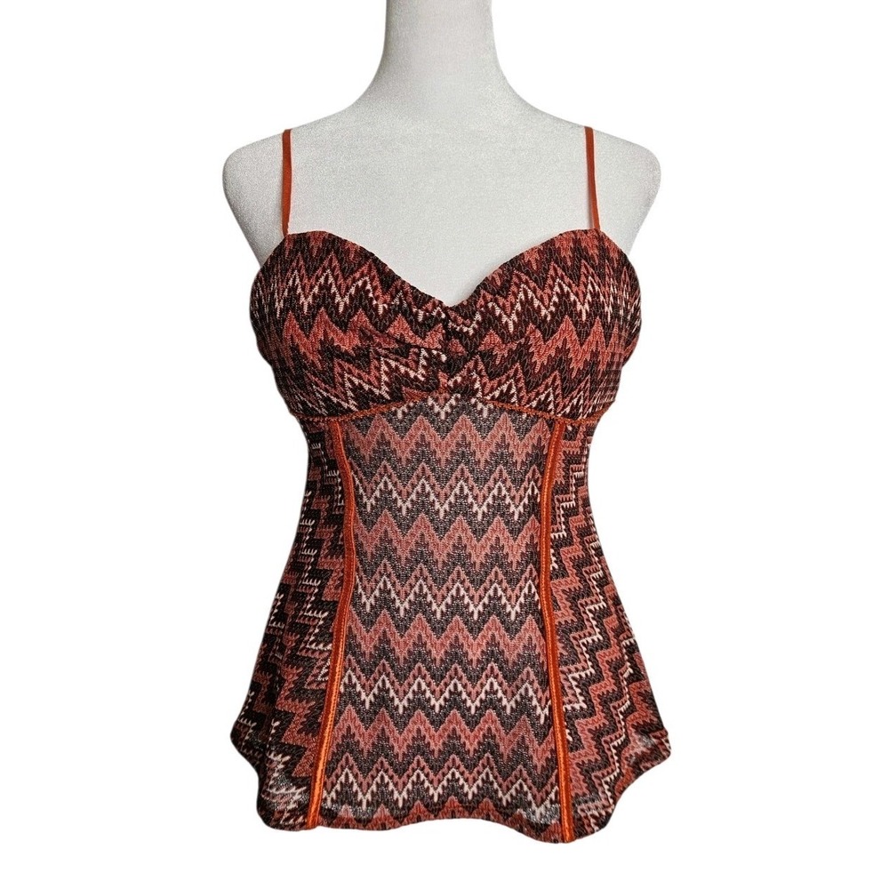 Vtg Candies Y2K Boho Knit Cami Top Zigzag Corset Peplum Sweetheart Rust Brown